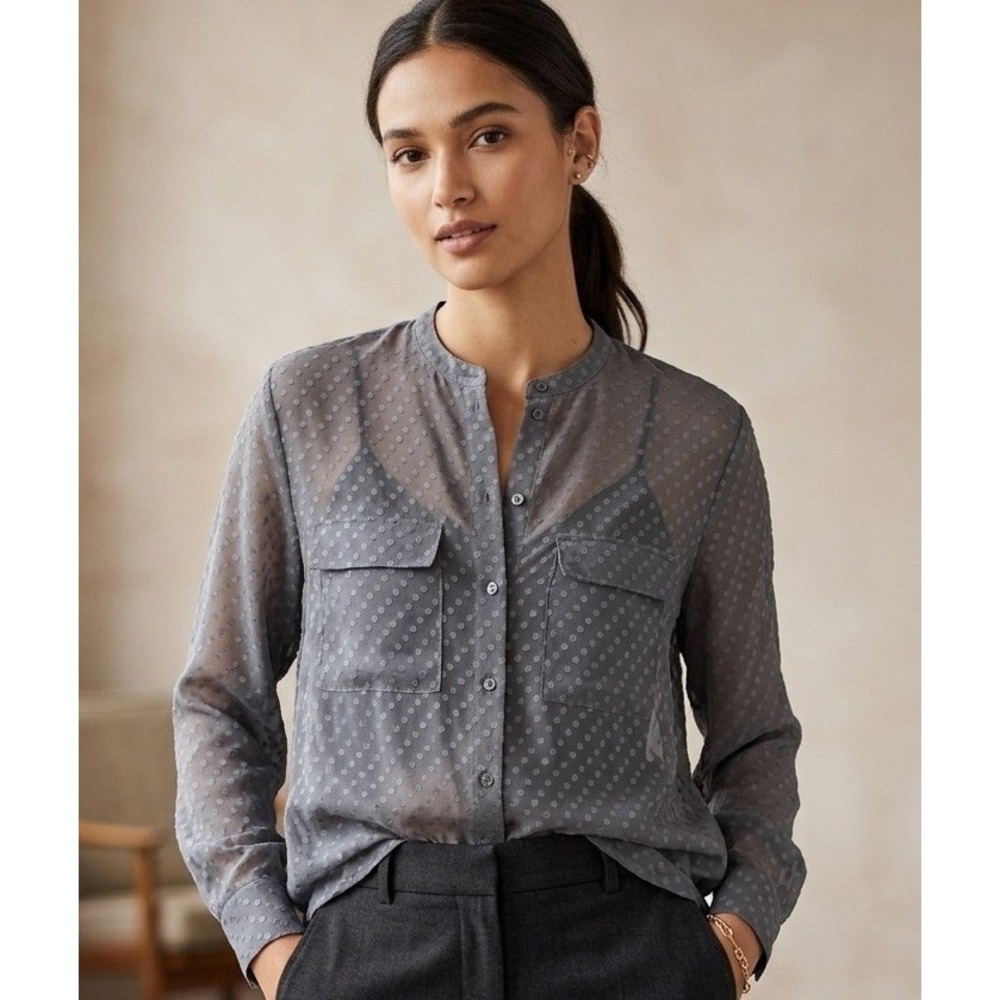 Madewell Button Front Blouse Womens XS Grey Clip Dot Sheer Long Sleeve Top